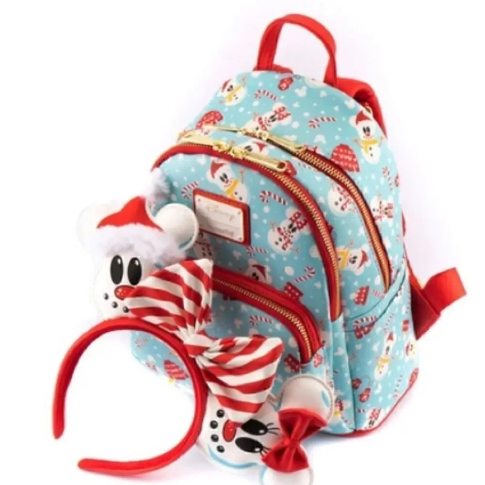 Snowman Mickey & Minnie Mouse Mini Backpack with Ears Headband & Wallet NWT